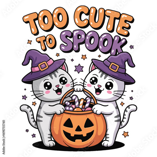 A cute kawaii style cartoon design for t-shirt of two cats, one gray and one black and white, holding a Halloween pumpkin bucket, filled with candy, wearing witch hats.