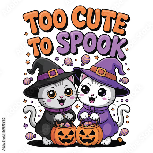 A cute kawaii style cartoon design for t-shirt of two cats, holding a Halloween pumpkin bucket, filled with candy, wearing witch hats.