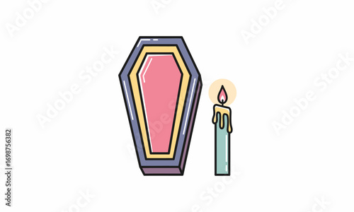 Cartoonish Pink Coffin and Teal Candle, Stylized Illustration.