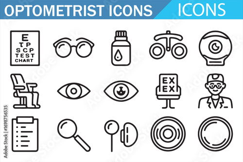 Eye doctor icons vector outline collection for exam, health, and optical design