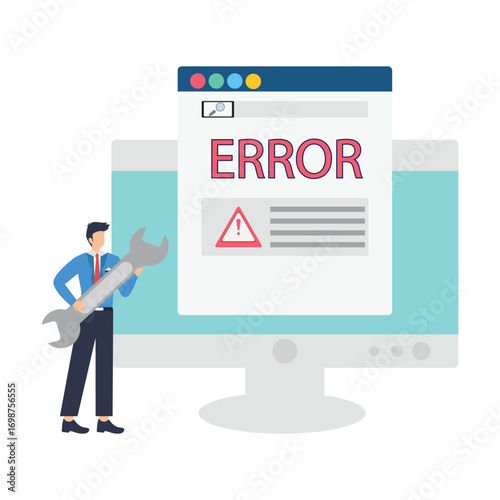 Technician holding wrench while fix system failure or errors message on computer. Concept of software problems, hardware faults technician holding wrench fix system failure message on computer. stock 