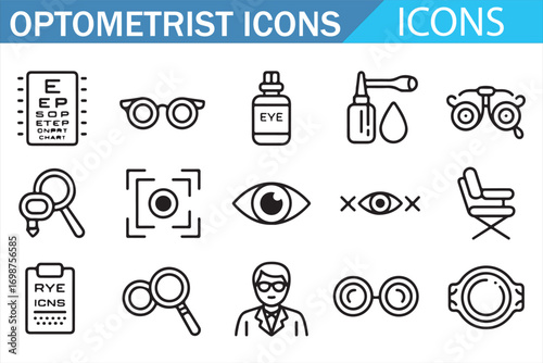 Ophthalmology icons pack with eye test chart, glasses, magnifier, and drops vector