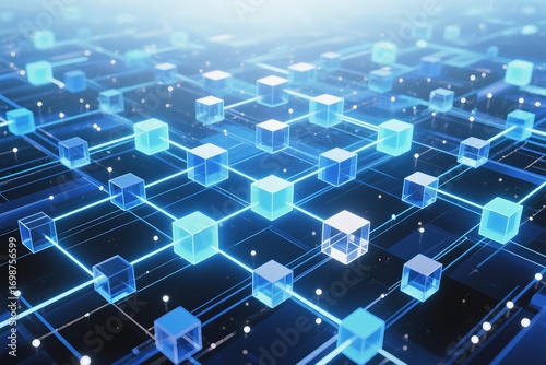 A detailed futuristic illustration of interconnected blocks symbolizing network and blockchain technology advancements