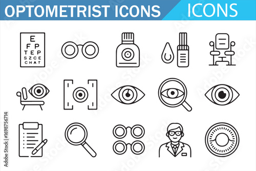 Optometrist icons set illustration with eye test chart, glasses, eye drops, examination tools, magnifier, contact lenses, and doctor symbol, black vector line art collection for vision care and medica