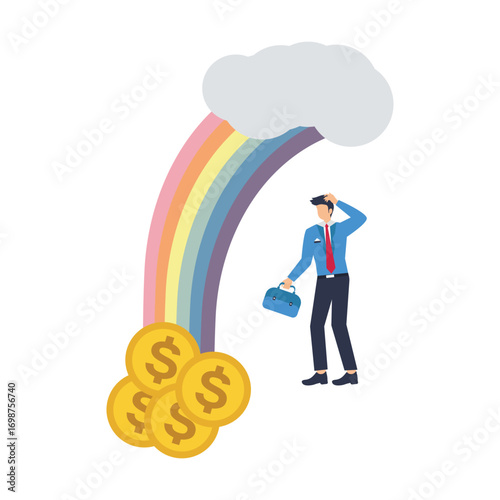 Flat illustration of businessman looking to coins sprouting rainbow colorful returns of investments  who places an umbrella. Image of rain. Illustration of the weather. stock illustration