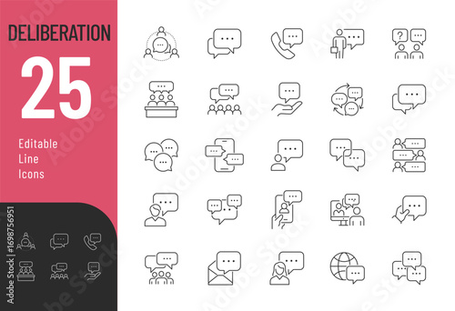 Deliberation line Editable Icons set. Vector illustration in modern thin line style of communication related icons: speech bubble, question/answer, video call, and more. Isolated on white background.