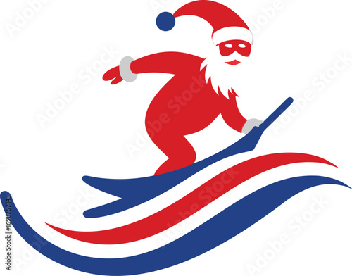 Red Santa Claus is joyfully surfing on top of water waves in vector