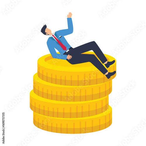 Businessman balancing on unstable stacks of coins pull money or liquidity back, market volatility, unstable and uncertainty.character for design. stock illustration