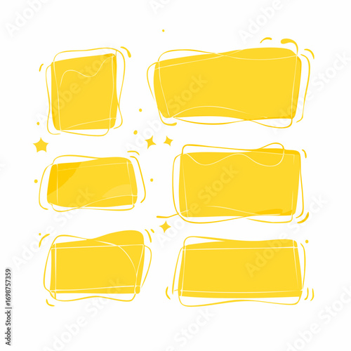 Hand drawn yellow organic rectangles and squares with wavy jagged borders. Quote minimalist frames blank template set.