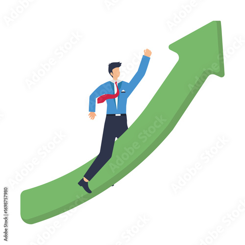Confident businessman riding growth arrow in flat design Investment growth increase profit, increase market return or increase growth, businessman pushing arrow with rocket booster. stock illustration