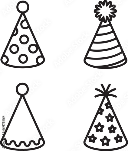 Set of Birthday party hats Outline vector illustration isolated On Transparent Background
