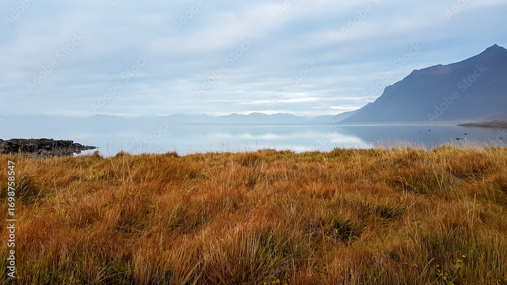 Fototapeta premium Golden autumn grass covers the foreground leading to calm, misty waters of a fjord, with the majestic, mysterious peaks of the Vestrahorn mountain range rising in the soft, diffused light of Iceland.