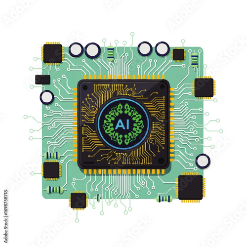 Futuristic artificial intelligence concept with a powerful AI processor chip on a green electronic circuit board illustration