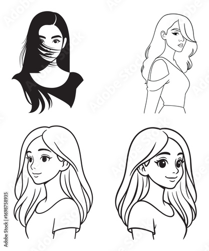 Minimal Line Art Portraits of Women with Stylish Hairstyles.