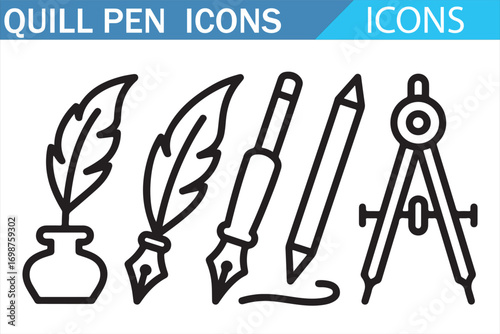 Quill pen icons set illustration with ink bottle, feather, fountain pen, and drawing compass, black vector line art collection for writing, calligraphy, education, creativity, and artistic design them