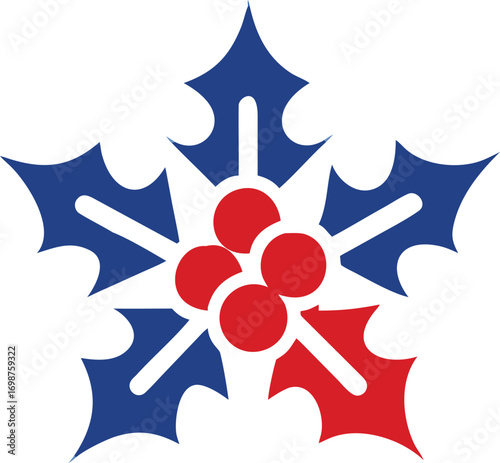 Vivid stylized holly with blue leaves and red berries creates festive transparency