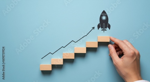 Rising staircase with a rocket ascending into the sky, symbolizing growth and success in business