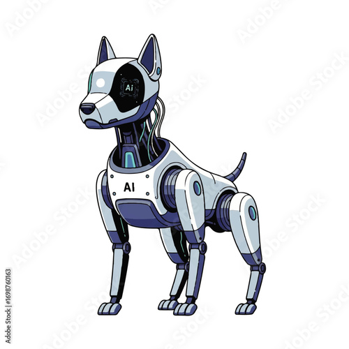 Futuristic artificial intelligence concept featuring a loyal robotic dog pet, a cybernetic companion showcasing the future of advanced technology