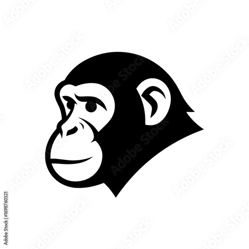 Stylized black silhouette of a chimpanzee head in profile view on transparent background