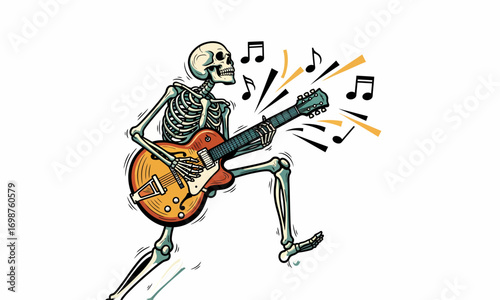 Dynamic cartoon skeleton rocking out on a sunburst electric guitar with musical notes.