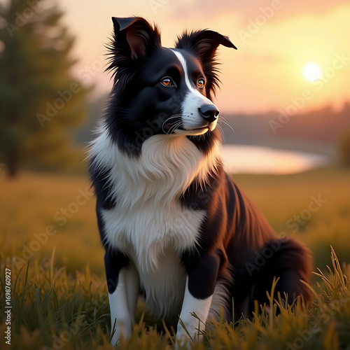 Border Collie, Border Collie dog sitting on the green grass during sunset, looking thoughtfully, sunlight falling on him making him more clear and beautiful, close-up, natural background