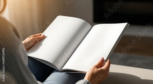 Person reading blank magazine mockup in natural light, ideal for design presentations.