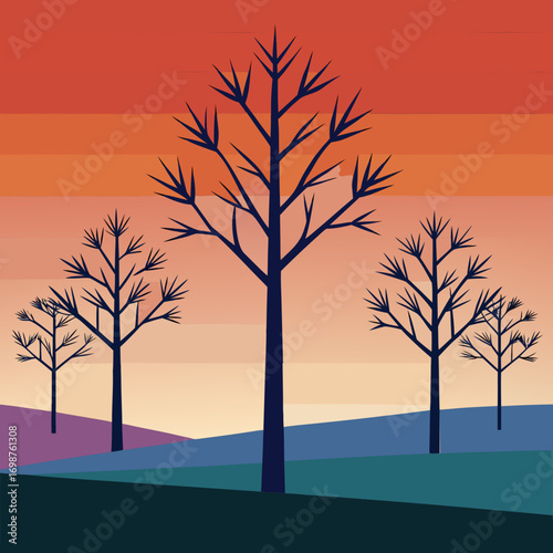 Minimalist tree silhouettes vector illustration nature landscape two tone gradient sky and ground art