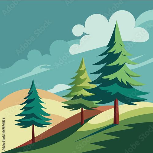 Stylized windswept pine trees on a hilltop vector illustration