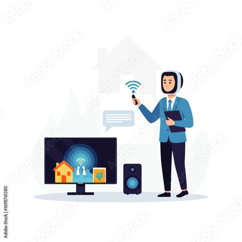 Futuristic concept of a businessman with a robot head managing a smart home automation system with a remote control and monitor