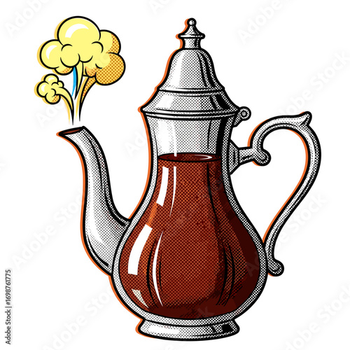 Vintage silver pot with steaming Ramadan tea in pop art style on transparent background