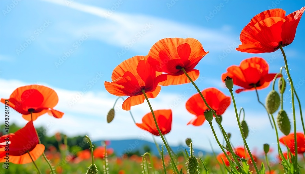 Obraz premium Vibrant red poppies against a bright sky