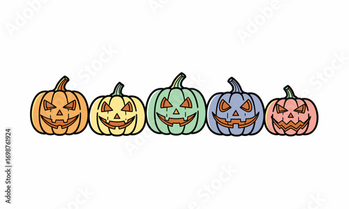 Five colorful carved Halloween pumpkins with spooky faces in a row.