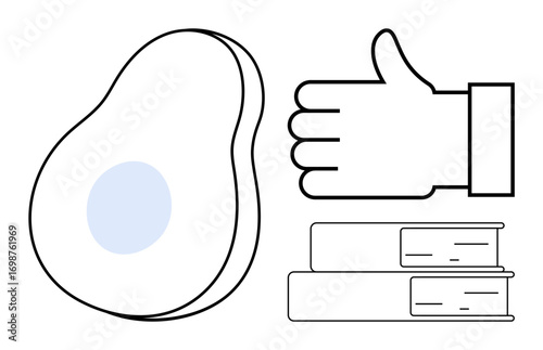Hand giving thumbs up besides avocado and two books. Ideal for wellness, nutrition, study, education, approval, knowledge, lifestyle concepts, simple landing page