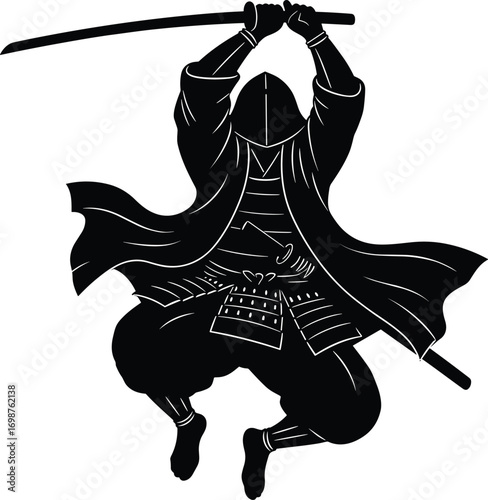 Samurai Warrior Silhouette Jumping with Katana, Japanese Sword Fighter, Ninja Action Pose, Traditional Armor, Martial Arts Icon