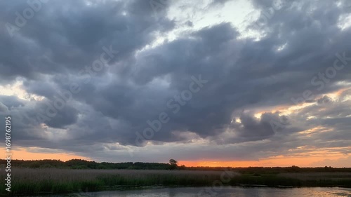 Dramatic Sunset Over a Lake With Stormy Clouds