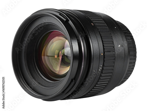 Camera Lens Side Angle with Zoom Rings and Grip Texture, Isolated on Transparent Background  