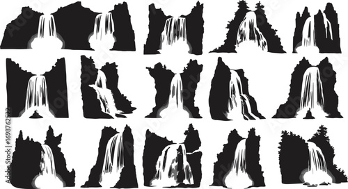 Waterfall silhouette vector collection, dramatic cliff and rock waterfall designs, natural flowing water landscape art, black white nature illustration