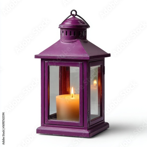 Ornate purple lantern with a lit candle inside on a white background