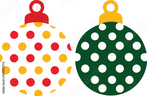 Two different polka dot ornaments rest against a white backdrop, ready for holiday cheer