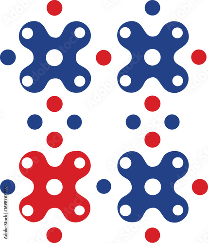 Symmetrical four element geometric pattern in red and blue with circles on white backdrop