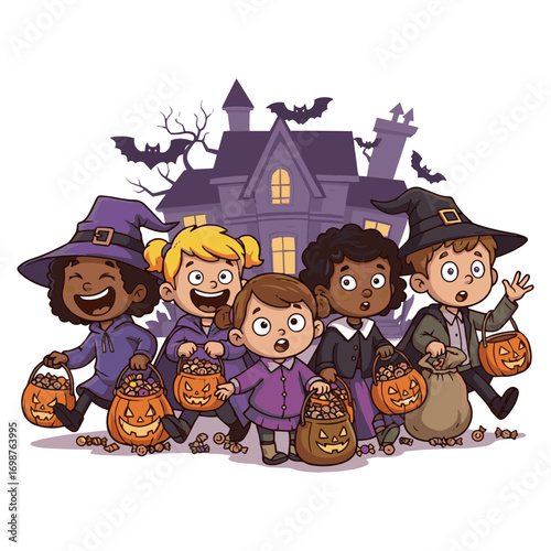 Halloween children trick or treat funny vector illustration of coloring page