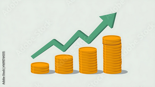 The digital illustration depicts gold coins arranged in ascending order, symbolizing growth and profit, with a green zigzag arrow pointing upward, emphasizing economic growth and investment returns.