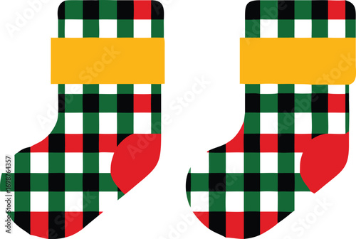Two plaid stockings feature red, green, black, and white with yellow bands on transparent background