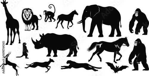 Silhouettes of wild and domestic animals including giraffe, lion, monkey, horse, elephant, gorilla, meerkat, rhino, antelope, greyhound, bat