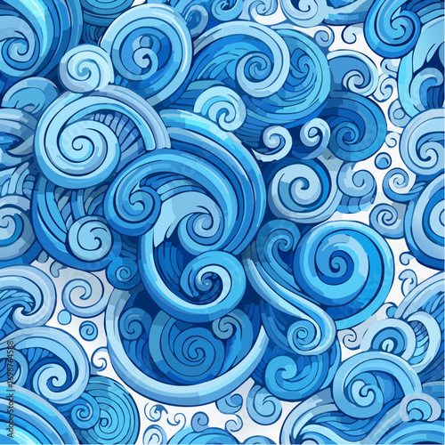 Blue seamless pattern with bold brush drawn spirals, swirls and thick doodle lines.