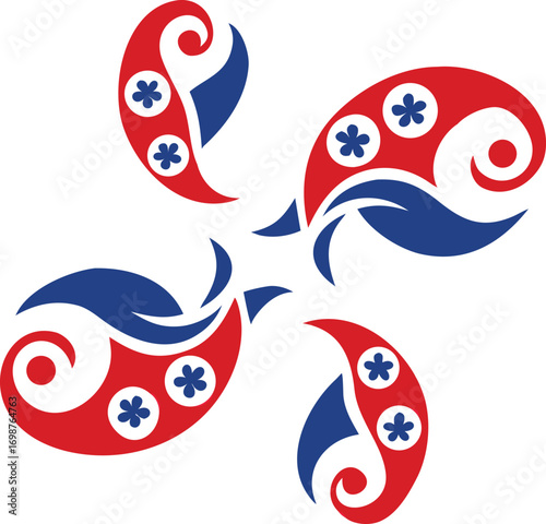 Decorative Basque lauburu emblem rotates with red petals and blue leaves on white