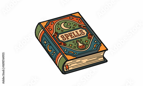 Ornate Vintage Spellbook with Celestial Motifs and Spells Inscription.
