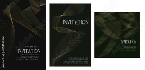 different typography  size Luxury black golden invitation card background, Premium wave gold line gradient frame design. Elegant Template for advertising, gala card, grand opening, party invitation