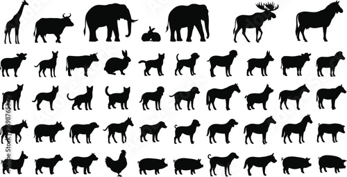 Silhouette collection of wild and domestic animals including giraffe, elephant, moose, horse, goat, dog, pig, rooster, sheep, rabbit, buffalo