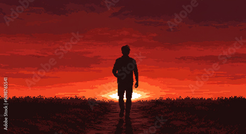 Lone figure walks into vibrant pixelated sunset, evoking journey, hope, and new beginnings in digital art style